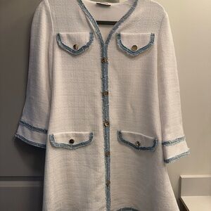 Sandro Chic White and Blue Button-Up Dress